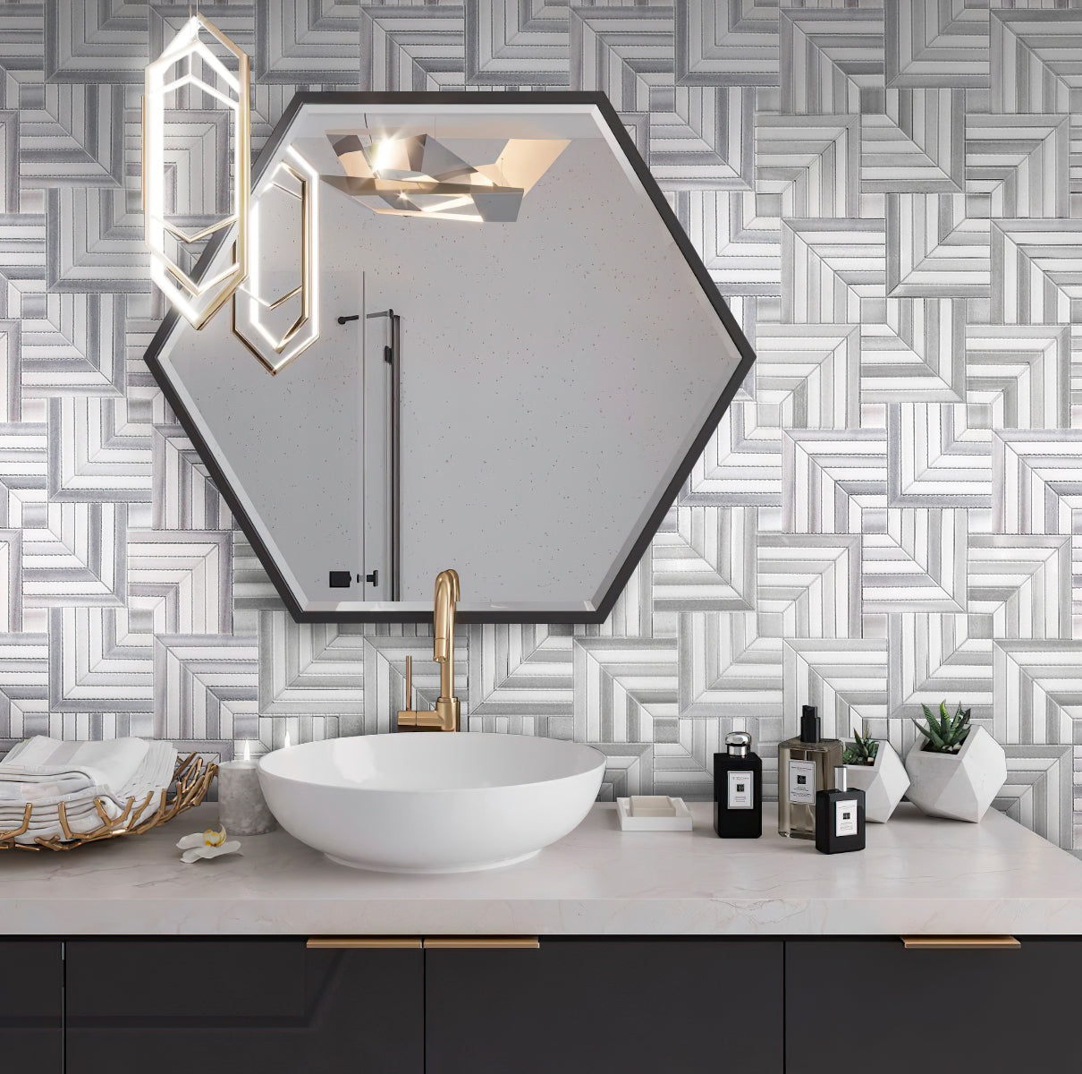 Sample - Fossil Gray 10x10 Polished Equator, Thassos Marble Mosaic tile (5 pack, 3.47 sq ft/case)
