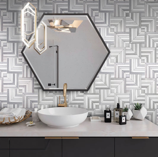 Sample-Fossil Gray 10x10 Polished Equator, Thassos Marble Mosaic tile (5 pack, 3.47 sq ft/case)