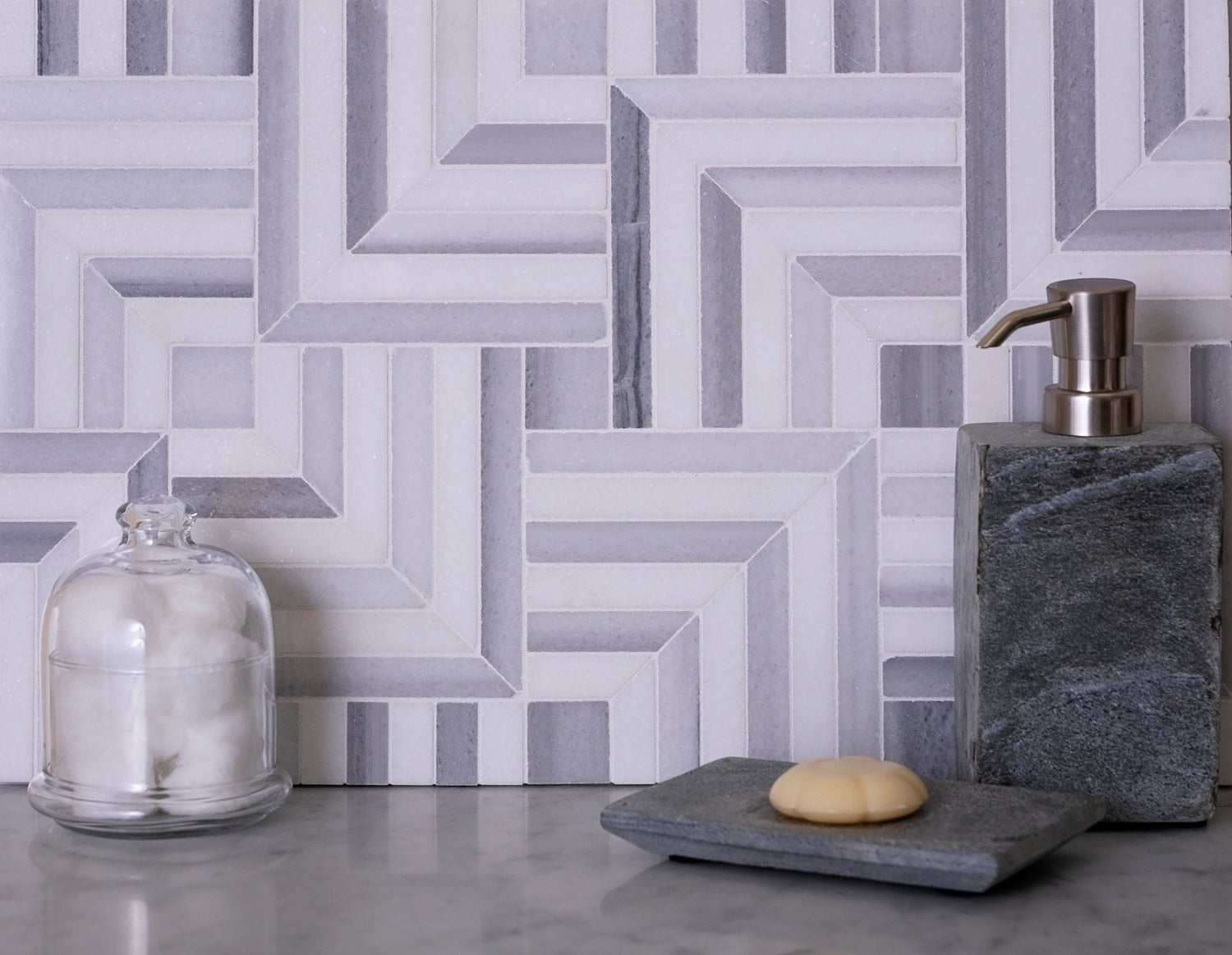 Sample - Fossil Gray 10x10 Polished Equator, Thassos Marble Mosaic tile (5 pack, 3.47 sq ft/case)