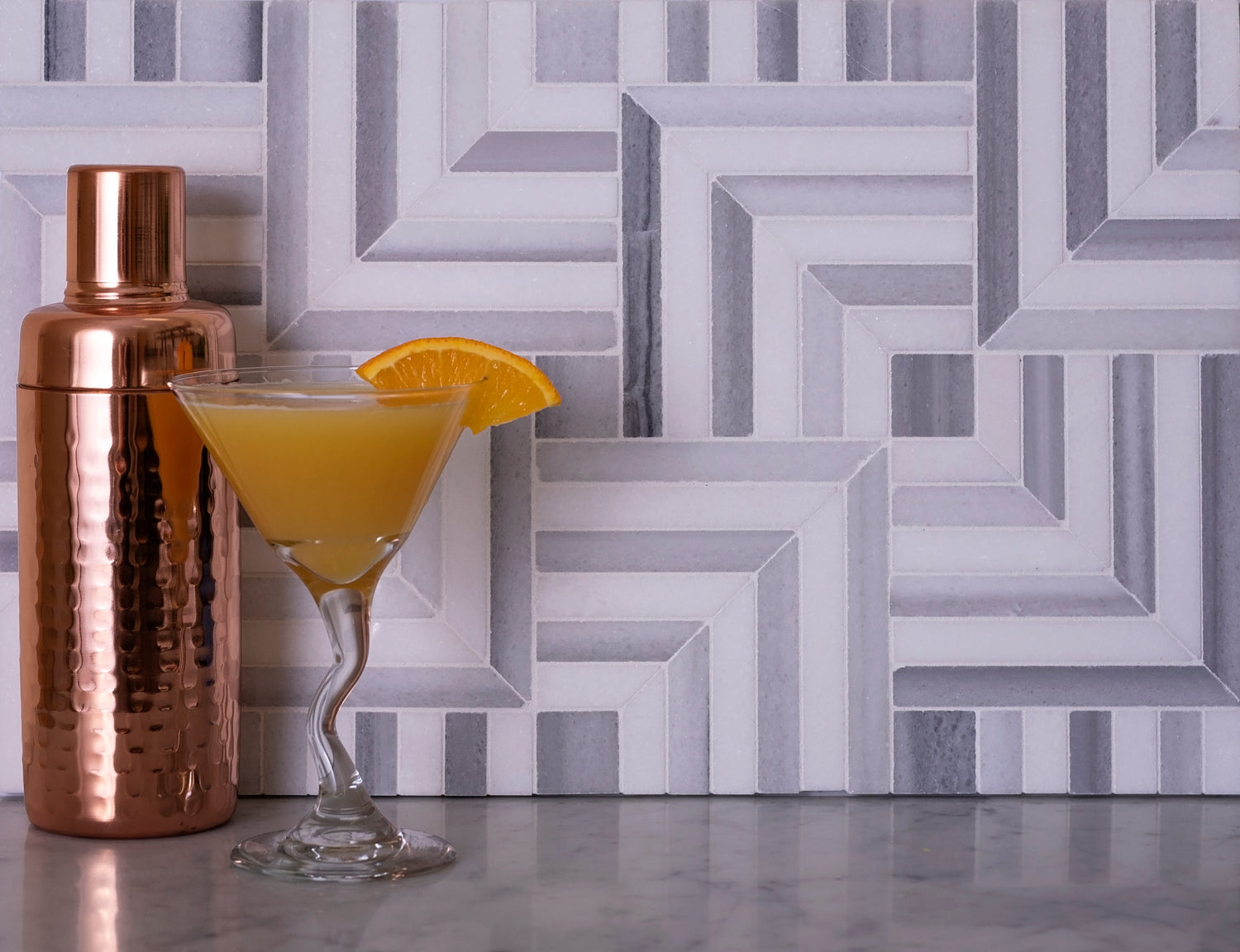 Fossil Gray 10x10 Polished Equator, Thassos Marble Mosaic tile (5 pack, 3.47 sq ft/case)