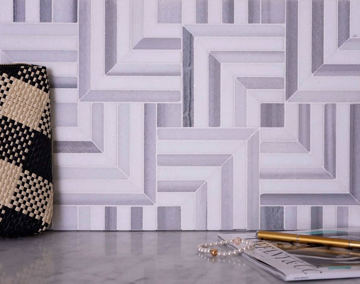 Sample - Fossil Gray 10x10 Polished Equator, Thassos Marble Mosaic tile (5 pack, 3.47 sq ft/case)