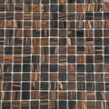 dark brown glossy glass mosaic tiles with varied striped patterns arranged in uniform 12x12 squares