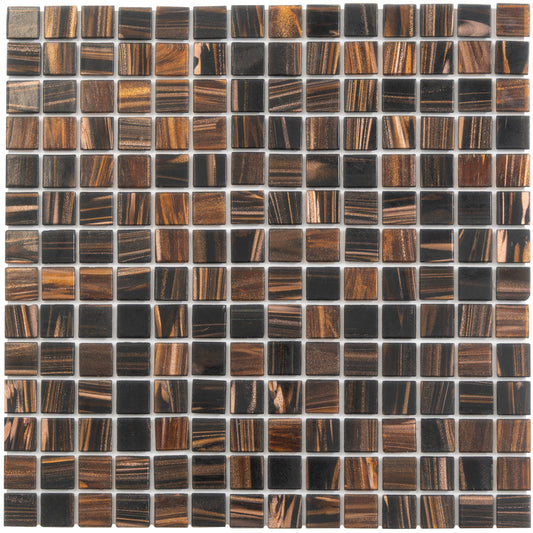 dark brown glossy 12x12 glass mosaic tile sheet with varied stripes and solid patterns