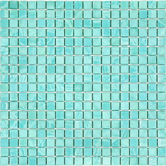Glossy mint green 12x12 inch glass mosaic tile sheet with small square tiles featuring varied reflective textures
