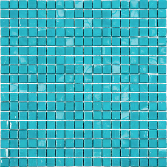 Glossy turquoise green 12x12 glass mosaic tile sheet with square uniform tiles