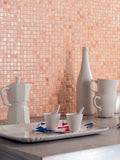 Glossy beige glass mosaic square tiles, 12x12 inches, installed as kitchen wall tiles