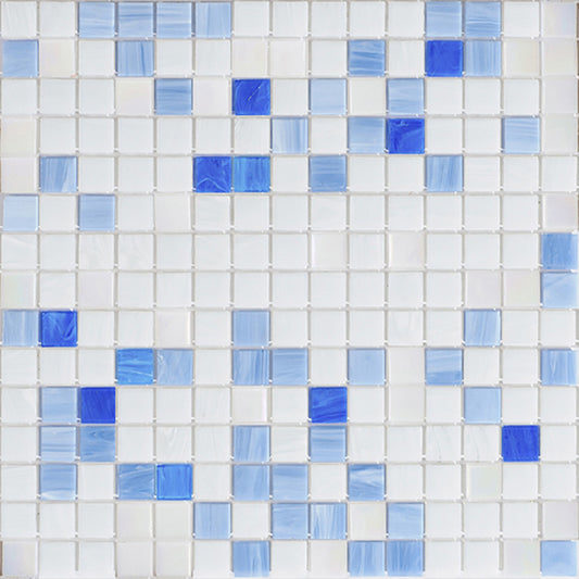 Glossy white and varying shades of blue square glass mosaic tiles arranged in a uniform pattern