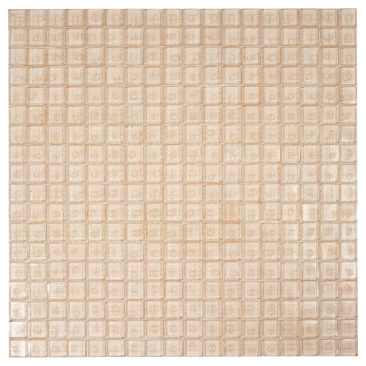 Glossy light fawn beige 12x12 glass mosaic tiles with uniform square pattern for walls and floors