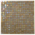 Ecru beige glossy glass mosaic tile sheet with uniform square tiles reflecting iridescent light