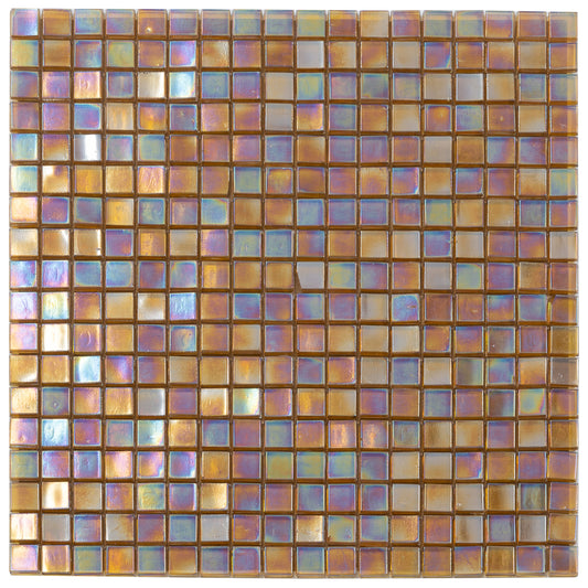 Glossy gold beige 12x12 glass mosaic tile sheet with iridescent finish for wall and floor