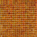 Glossy fire beige glass mosaic tile sheet with small square tiles in warm brown-orange tones