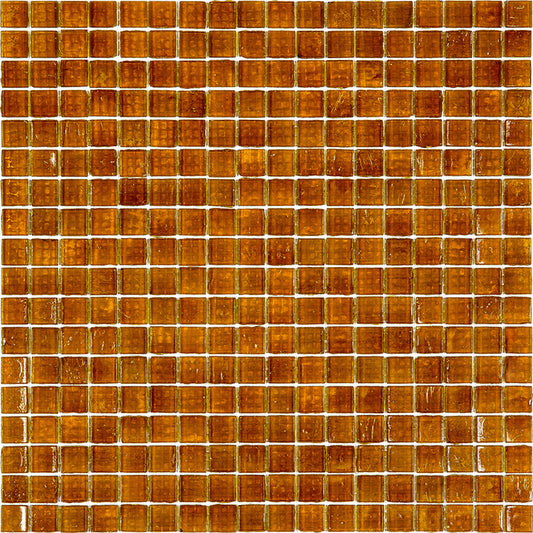 Glossy fire beige glass mosaic tile sheet with small square tiles in warm brown-orange tones
