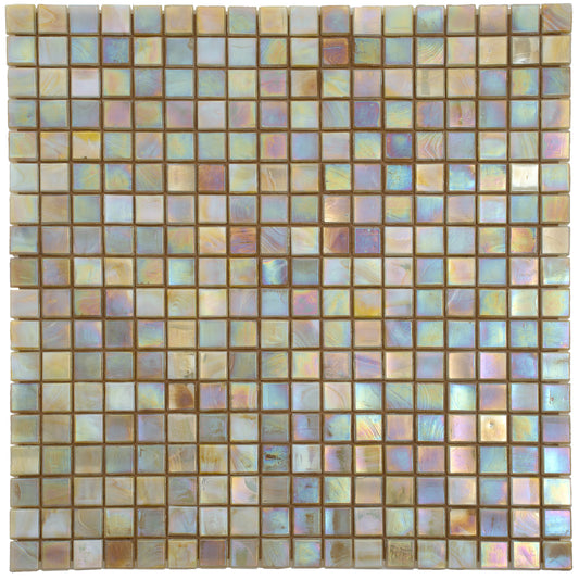 Glossy bisque beige 12x12 glass mosaic wall and floor tiles with iridescent finish in square pattern