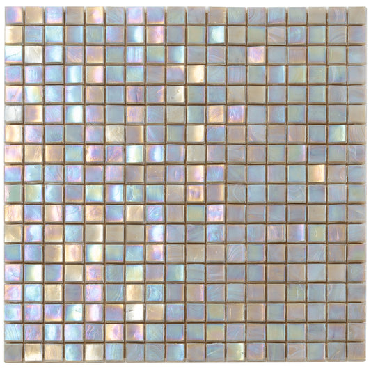 Glossy hazelnut beige glass mosaic tiles in uniform small square pattern with iridescent finish