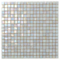 Glossy light beige glass mosaic tile sheet with uniform square tiles showing iridescent finish