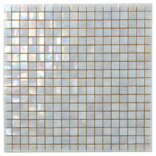 Glossy light beige glass mosaic tile sheet with uniform square tiles showing iridescent finish