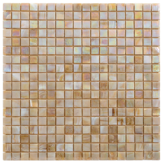 Glossy caramel beige glass mosaic tiles in uniform 12x12 square pattern with iridescent finish
