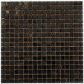 Glossy black square glass mosaic tile sheet with uniform small tiles and brown grout