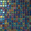Glossy square glass mosaic tiles in multi-blue iridescent colors with black grout