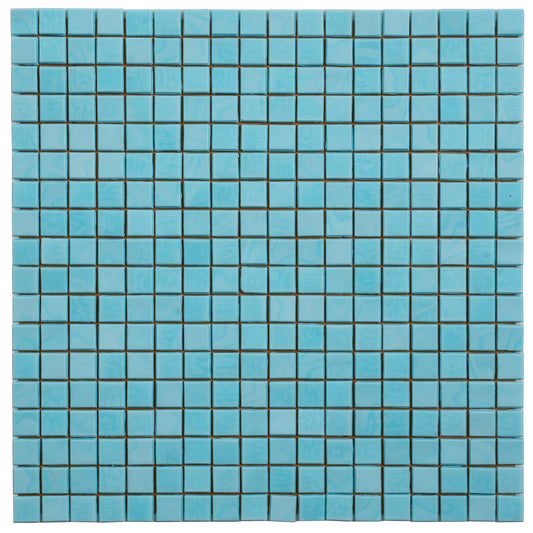 Glossy sky blue 12x12 inch square glass mosaic tile sheet with uniform small tiles
