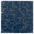 Glossy navy blue square glass mosaic tile sheet with small uniform tiles mounted on mesh backing