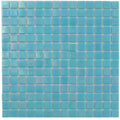 Glossy cyan blue uniform square glass mosaic tile sheet measuring 12 by 12 inches