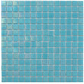 Glossy cyan blue 12x12 glass mosaic tiles with a nacreous finish in square shape