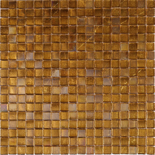 Glossy tawny brown glass mosaic tile sheet with uniform square pieces for walls and floors
