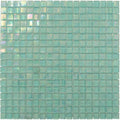 Glossy sea green 12x12 inch glass mosaic tile sheet with iridescent finish for wall and floor