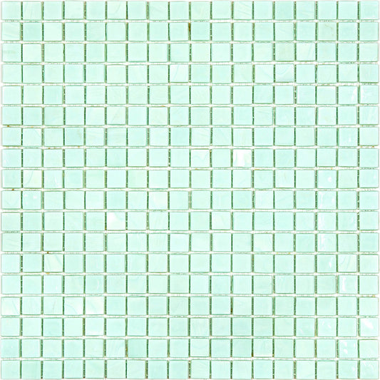 Glossy light blue-green 12x12 glass mosaic tile sheet with uniform square pieces and subtle color variations
