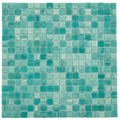 Glossy aqua green glass mosaic tile sheet with 12x12 uniform square tiles featuring varied aqua shades