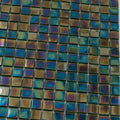 Glossy square glass mosaic tiles with iridescent rainbow green and blue hues in a uniform 12x12 layout