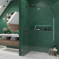 Bottle green glossy glass square mosaic tiles, 12x12 inches, installed on shower wall