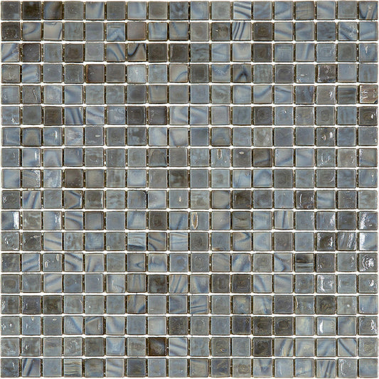Glossy mouse gray 12x12 glass mosaic tile with uniform square pattern and varied gray tones