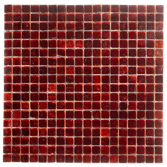 Glossy ruby red 12x12 uniform square glass mosaic tile sheet with vibrant reflective finish