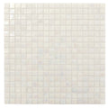Glossy white 12x12 glass mosaic tile sheet with uniform square tiles and subtle iridescent finish
