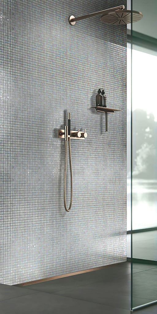 Glossy light bone white glass mosaic wall tile in bathroom shower with 12x12 inch squares