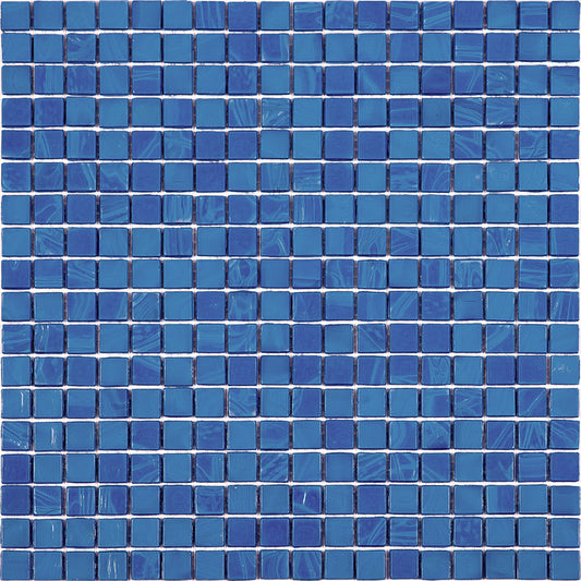 Glossy sapphire blue glass mosaic tiles in 12x12 inch sheet with tonal color variation