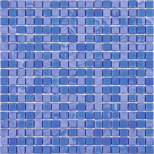 Glossy neon blue glass mosaic tile sheet 12x12 inches with uniform square tiles and reflective finish