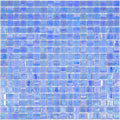 Glossy Carolina blue 12x12 glass mosaic tile sheet with uniform square tiles and iridescent finish