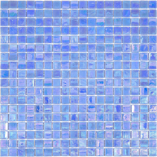 Glossy Carolina blue 12x12 glass mosaic tile sheet with uniform square tiles and iridescent finish