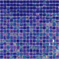 Glossy cobalt blue uniform square glass mosaic tiles arranged in 12x12 grid with iridescent shimmer