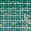 Glossy green-blue square glass mosaic tile sheet with iridescent finish and subtle color variations