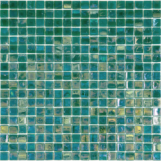 Glossy green-blue square glass mosaic tile sheet with iridescent finish and subtle color variations