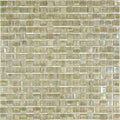 Glossy yellowish gray 12x12 glass mosaic tile sheet with iridescent finish and tonal variations