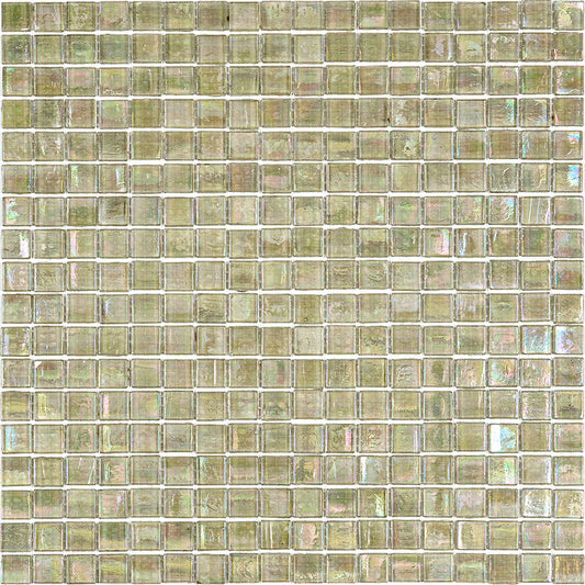 Glossy yellowish gray 12x12 glass mosaic tile sheet with iridescent finish and tonal variations
