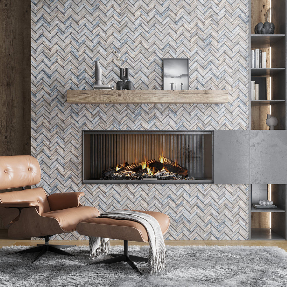 Beige 11x13 Matte Herringbone Recycled Glass Mosaic Tile on a fireplace hearth