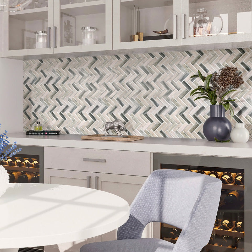 Gray Beige 11x13 Matte Herringbone Recycled Glass Mosaic Tile (10 pack, 9.625 sq ft/case) - Sample