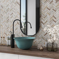 Beige matte herringbone recycled glass mosaic tile 11x13 on bathroom backsplash