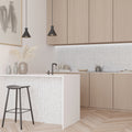white and gray veined polished recycled glass herringbone mosaic tile on kitchen backsplash and island panel